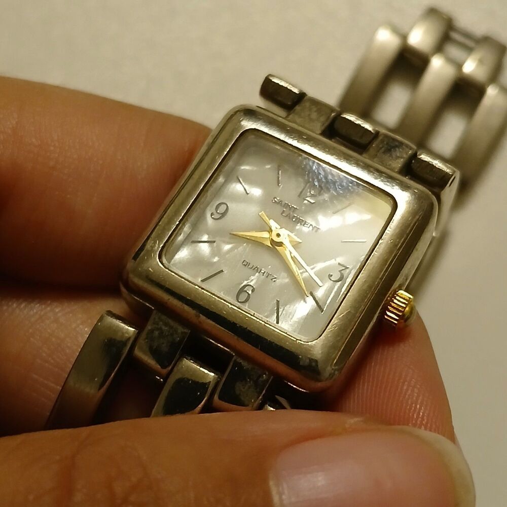 Vintage 90s Saint Laurent Women's Silver Tone Square MOP Dial Quartz Watch - Picture 10 of 17